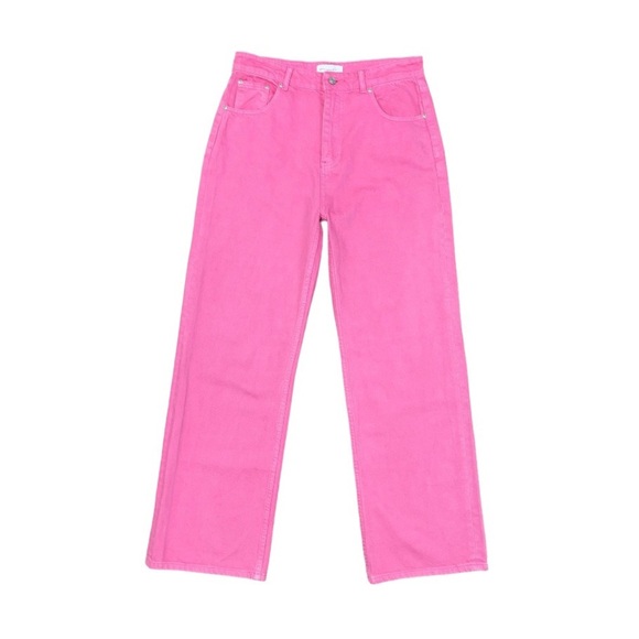 GREY LAB Jeans Women’s Size Large Pink Bright Denim Straight Wide Leg High Rise - Picture 1 of 14
